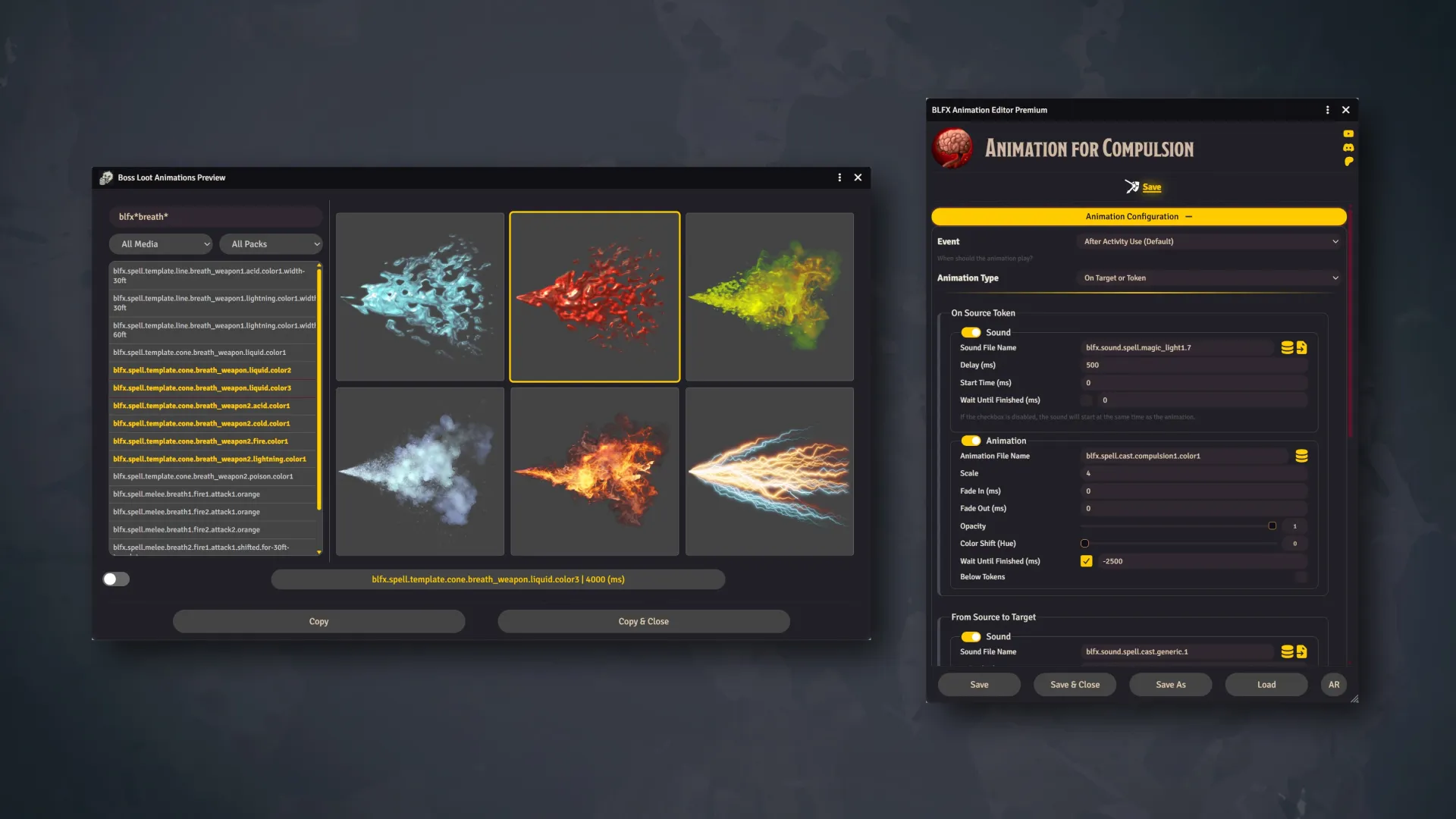 BLFX Animation Editor asset browser and animation configuration interface